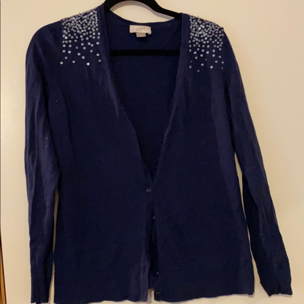 Navy cardigan with fun sequin shoulders!